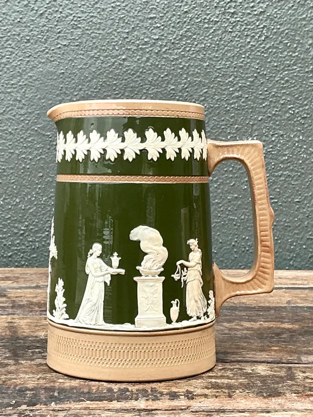 Vintage Spode Copeland Green and Tan Relief Ceramic Pitcher — additional photo 5