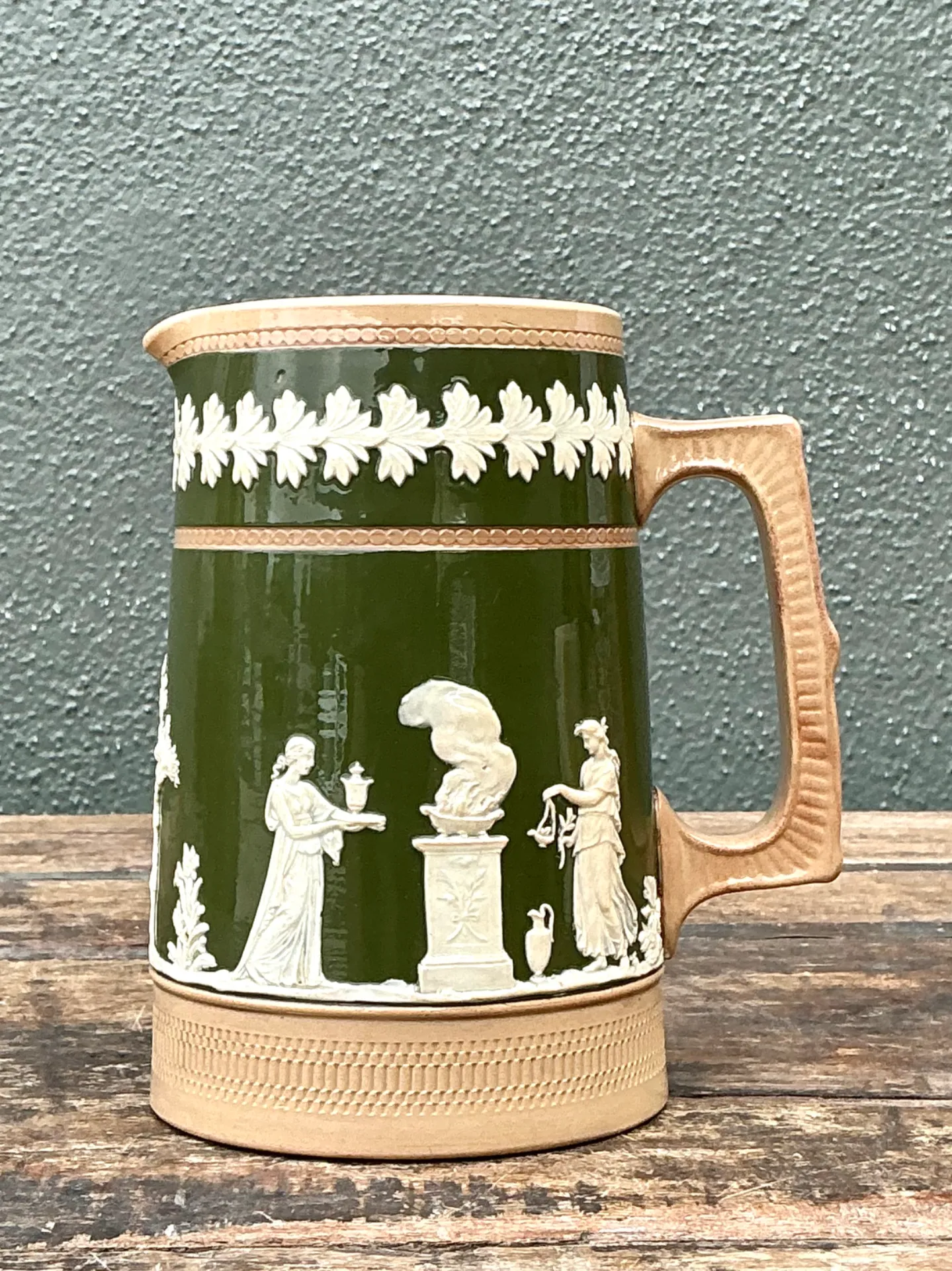 Vintage Spode Copeland Green and Tan Relief Ceramic Pitcher — additional photo 7