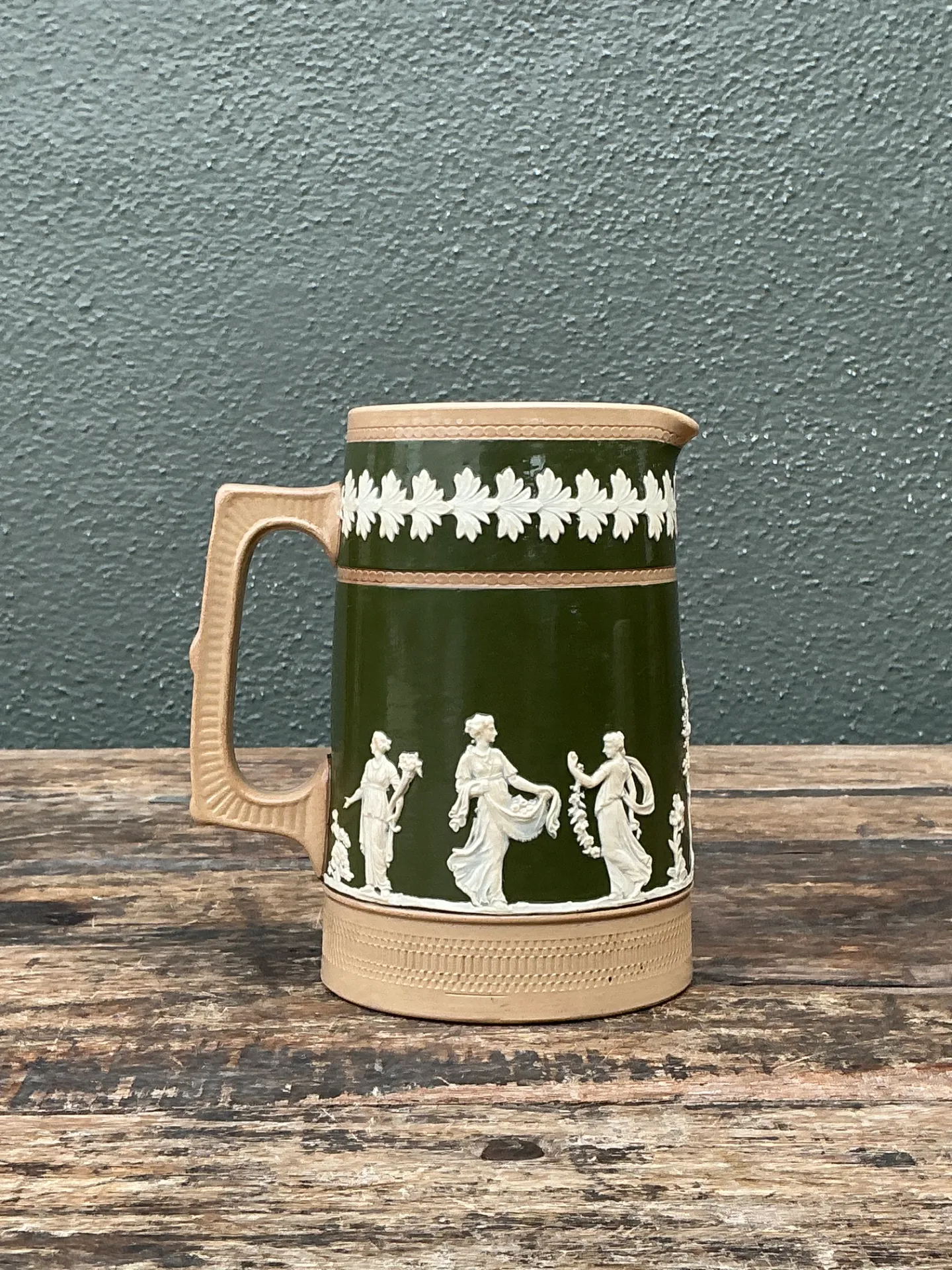 Vintage Spode Copeland Green and Tan Relief Ceramic Pitcher — additional photo 8