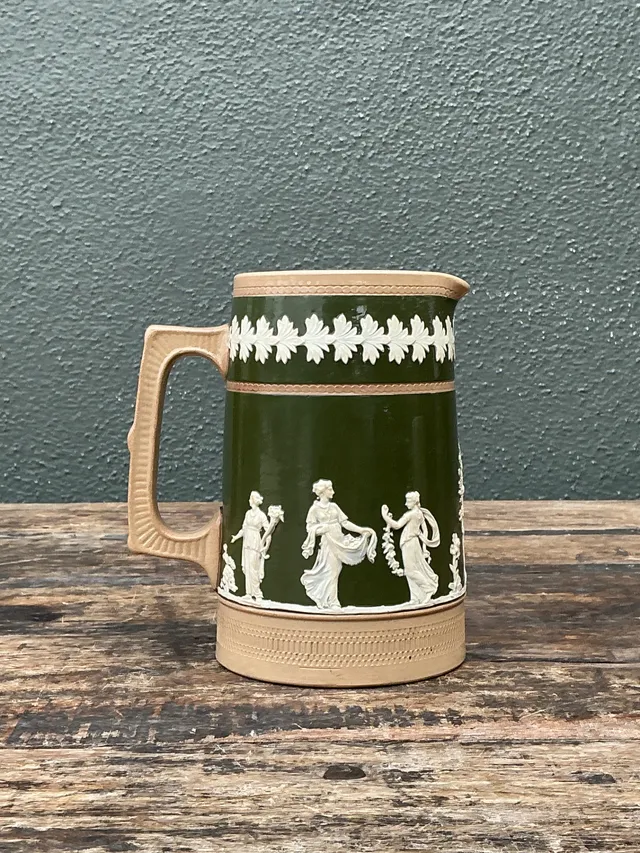 Vintage Spode Copeland Green and Tan Relief Ceramic Pitcher — additional photo 8