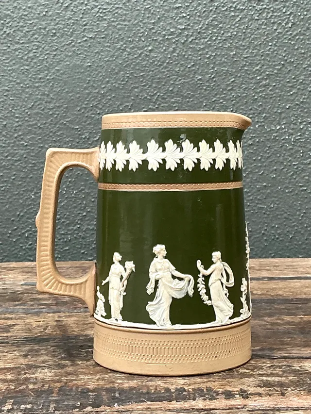 Vintage Spode Copeland Green and Tan Relief Ceramic Pitcher — additional photo 3
