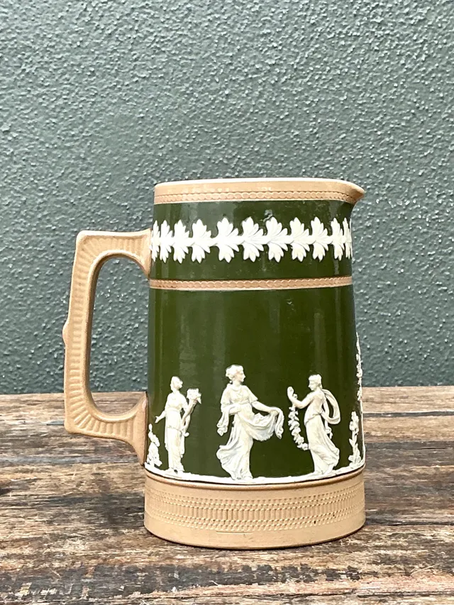 Vintage Spode Copeland Green and Tan Relief Ceramic Pitcher — additional photo 1