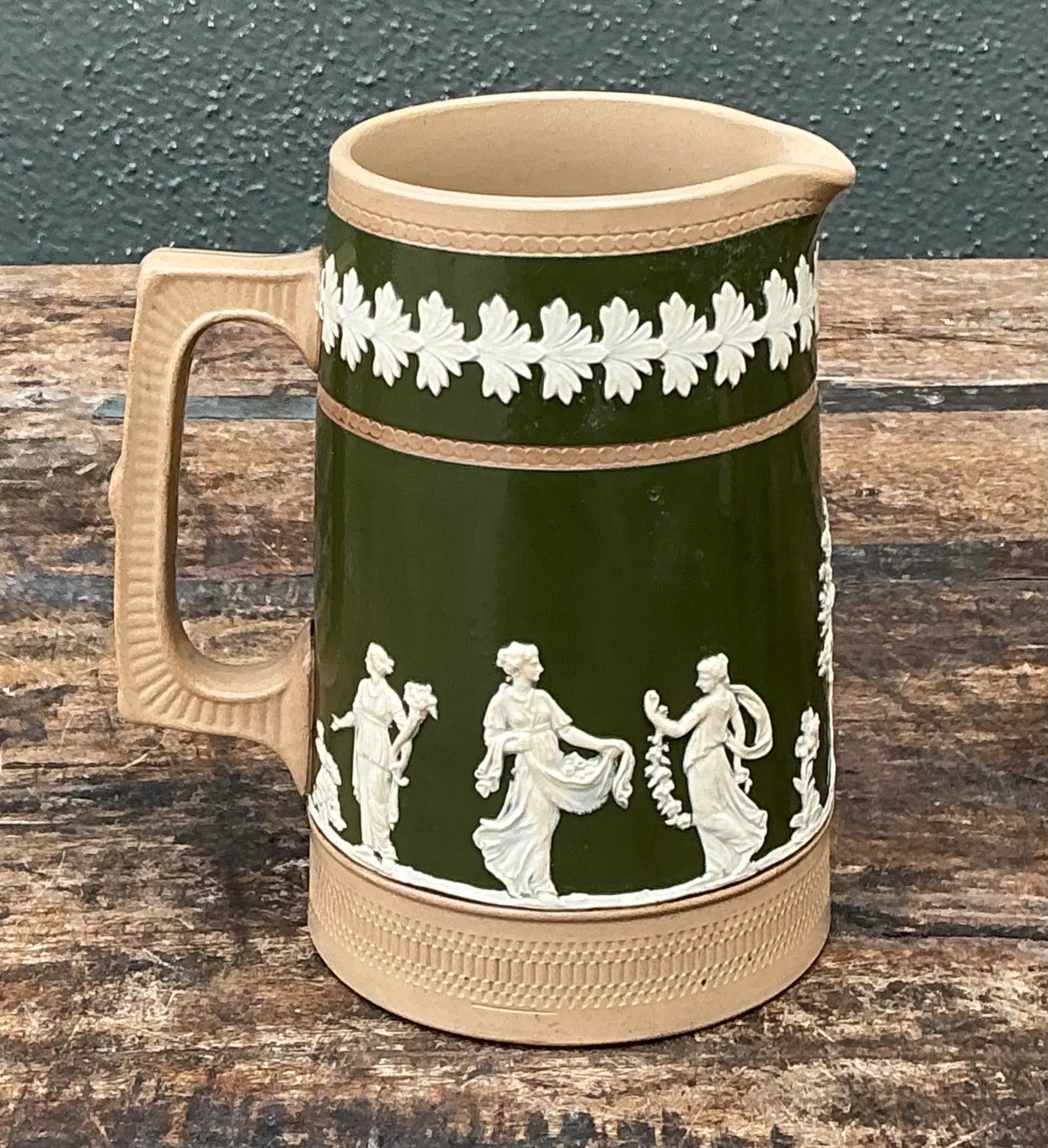 Vintage Spode Copeland Green and Tan Relief Ceramic Pitcher — additional photo 4