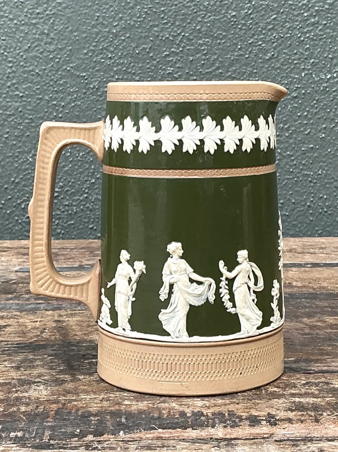 Vintage Spode Copeland Green and Tan Relief Ceramic Pitcher — additional photo 6