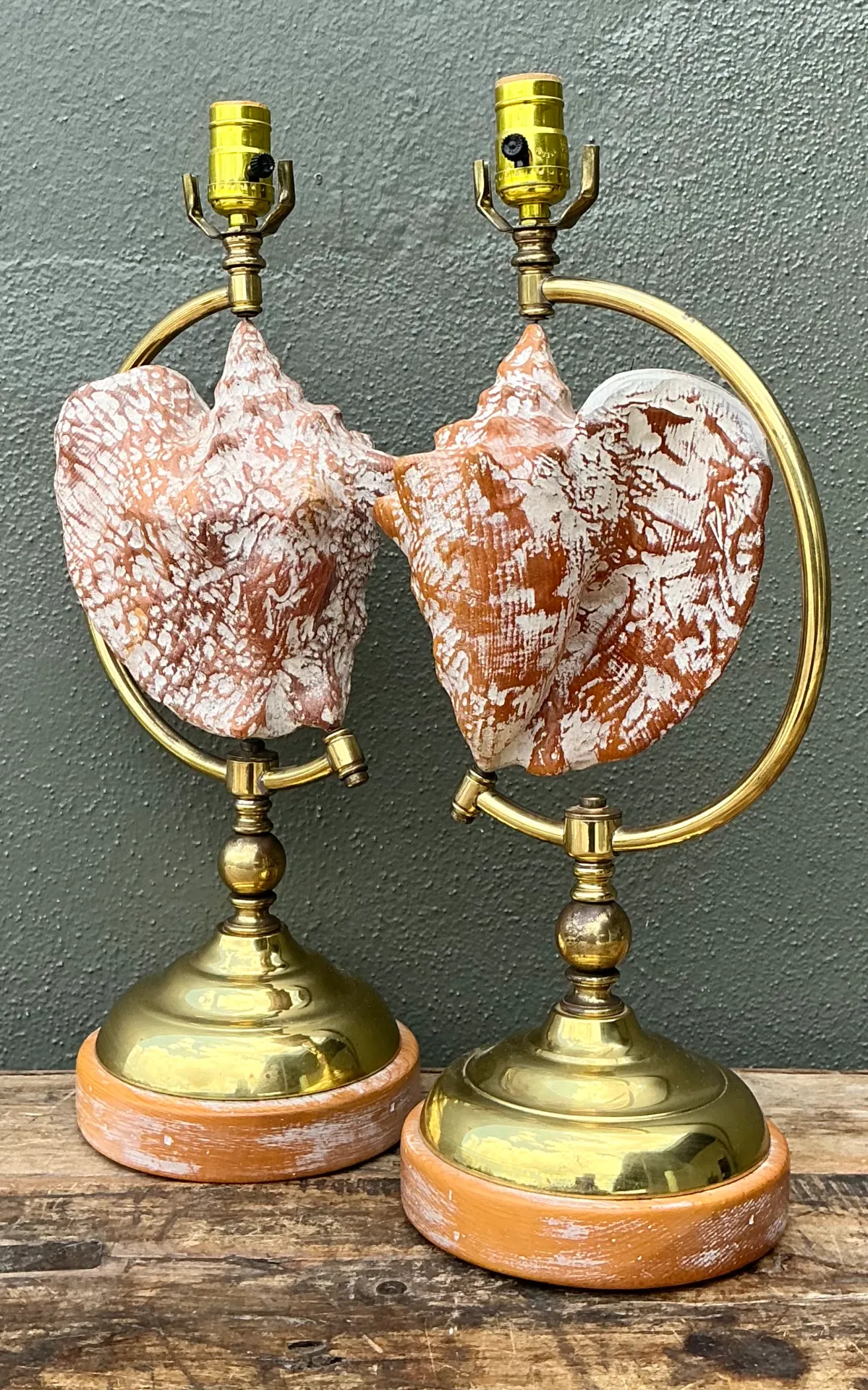 Vintage Brass and Wood Shell Lamps - Pair — additional photo 1