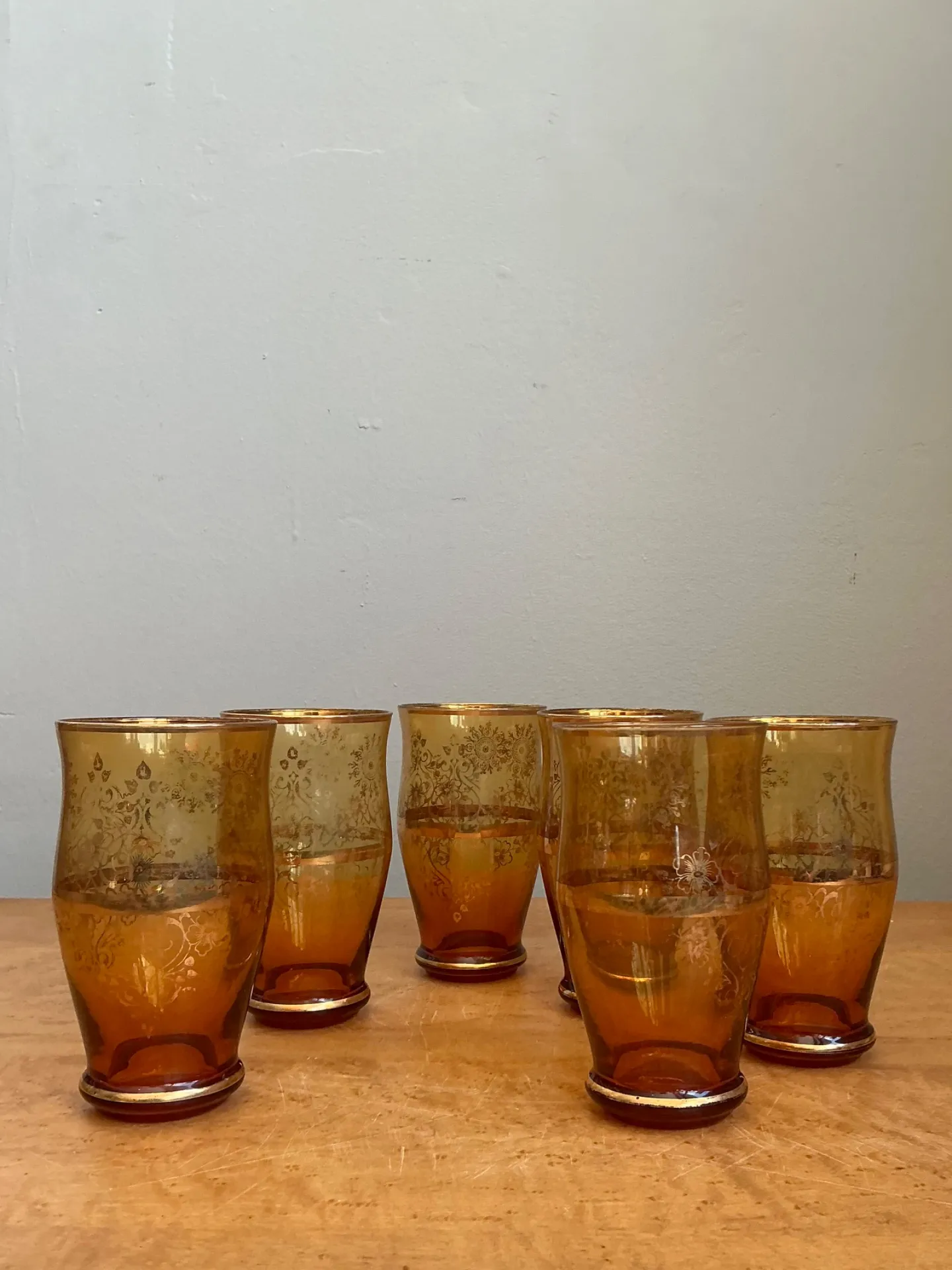 Vintage Amber Floral Glass Tumblers - Set of 6 — additional photo 6
