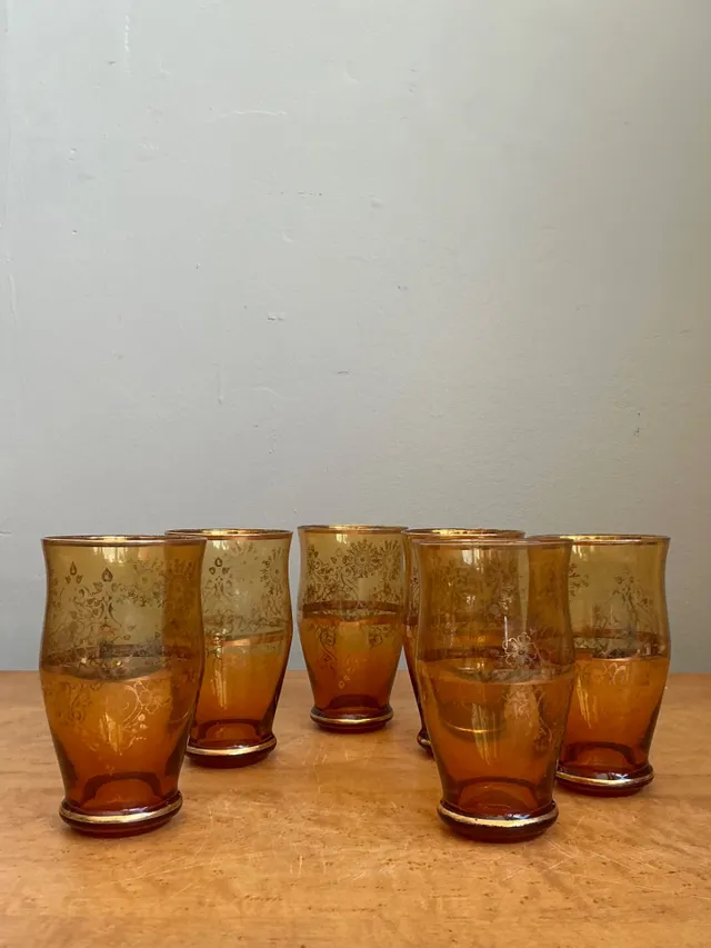 Vintage Amber Floral Glass Tumblers - Set of 6 — additional photo 6