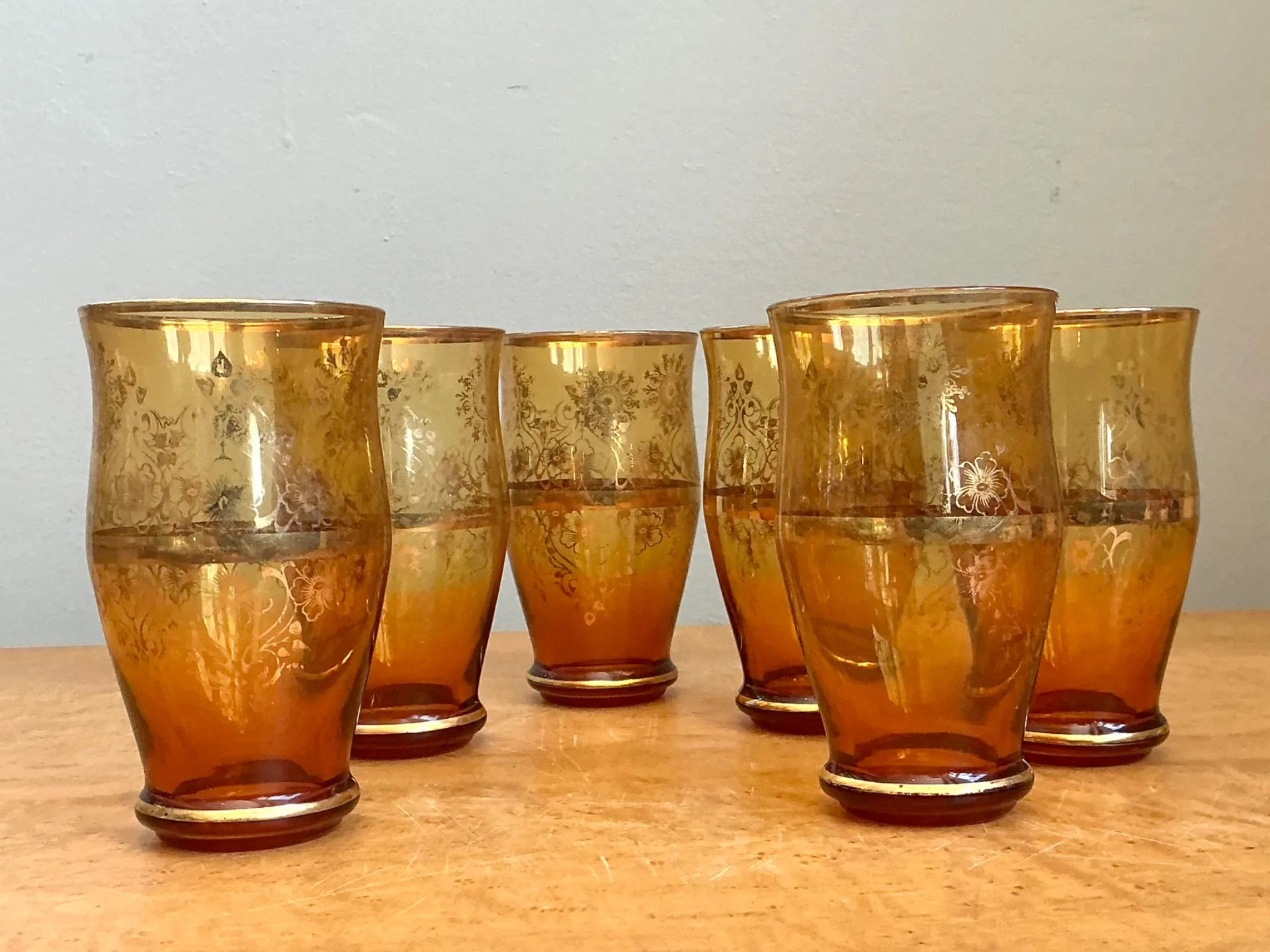 Vintage Amber Floral Glass Tumblers - Set of 6 — additional photo 3