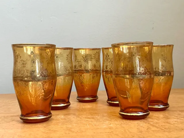 Vintage Amber Floral Glass Tumblers - Set of 6 — additional photo 3