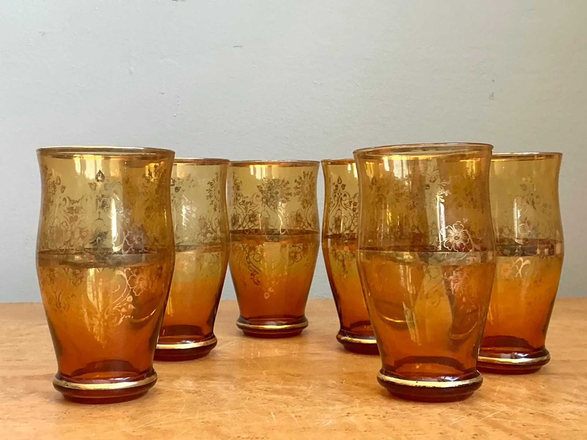 Vintage Amber Floral Glass Tumblers - Set of 6 — additional photo 1