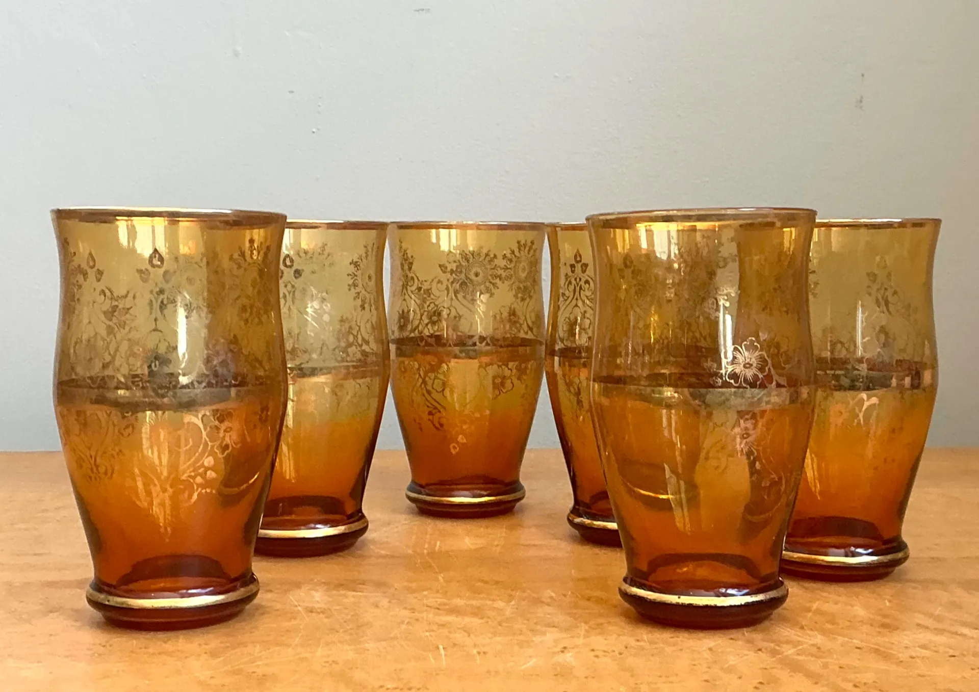 Vintage Amber Floral Glass Tumblers - Set of 6 — additional photo 5