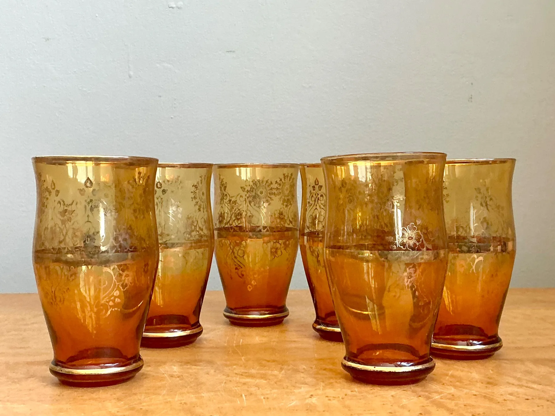 Vintage Amber Floral Glass Tumblers - Set of 6 — additional photo 7