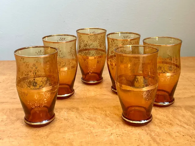 Vintage Amber Floral Glass Tumblers - Set of 6 — additional photo 8