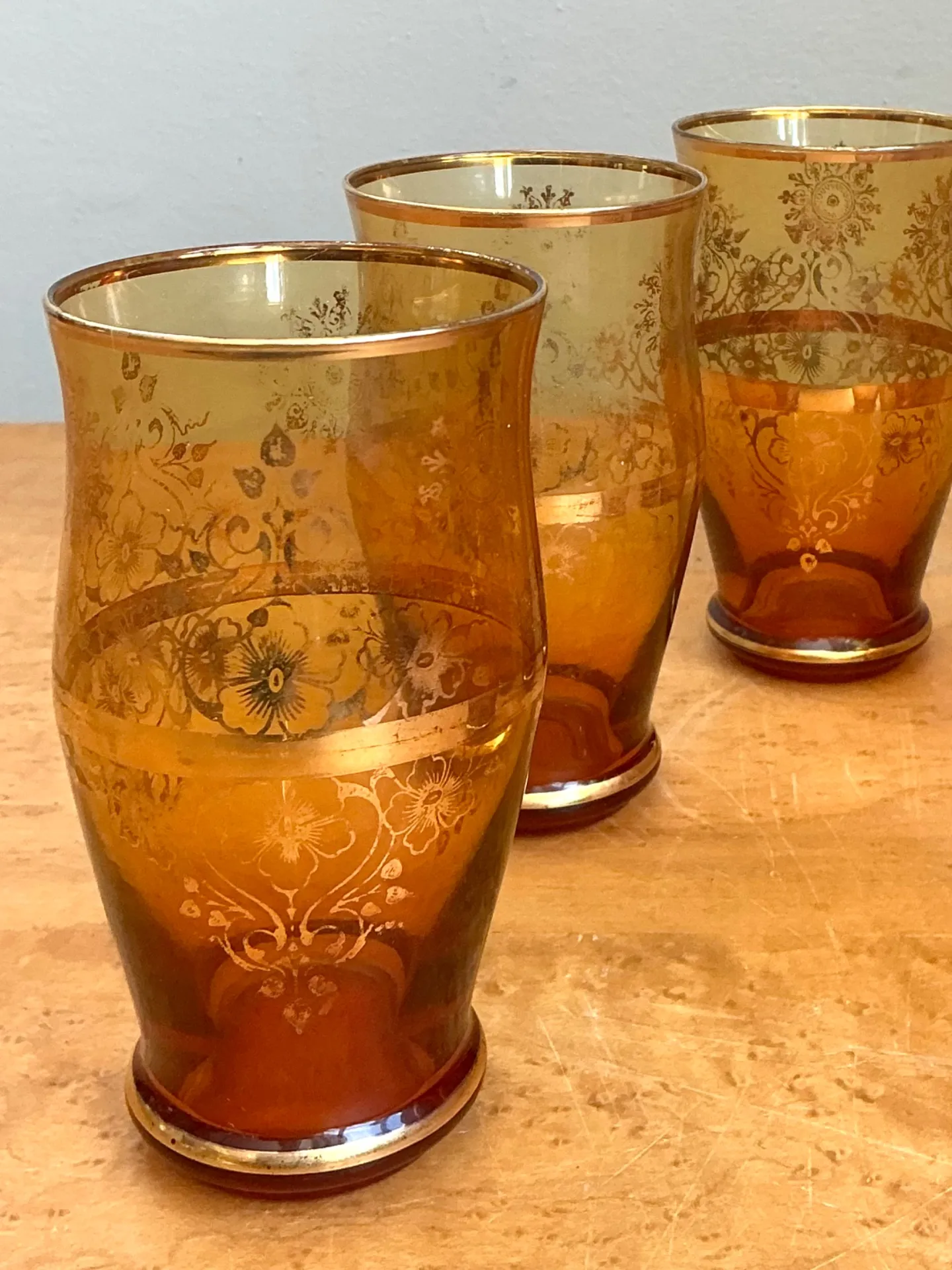 Vintage Amber Floral Glass Tumblers - Set of 6 — additional photo 2