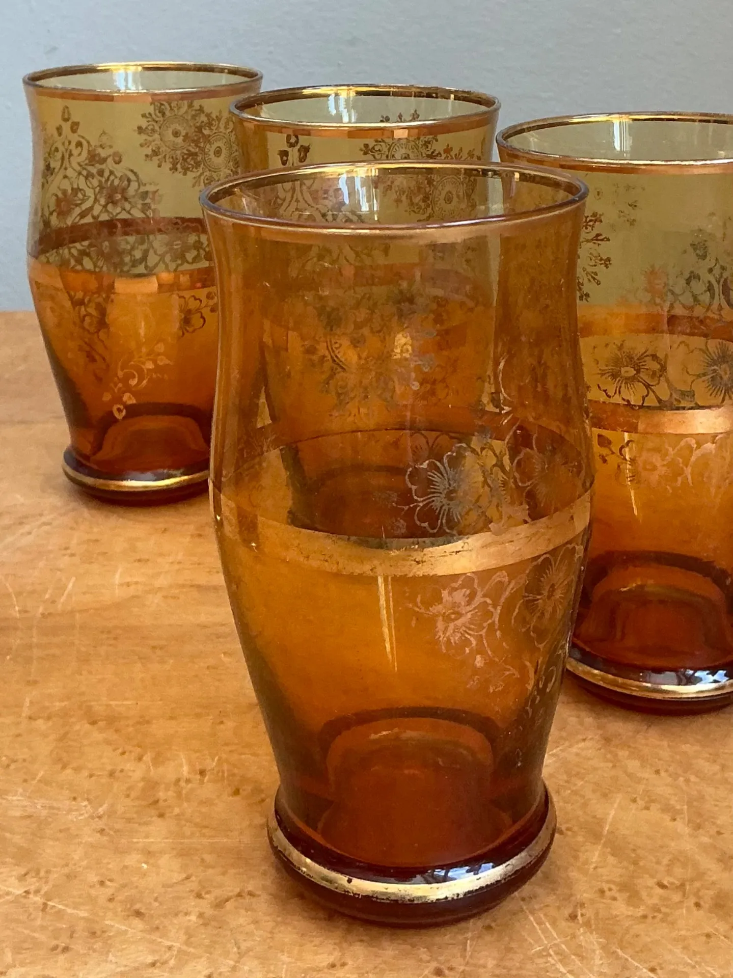 Vintage Amber Floral Glass Tumblers - Set of 6 — additional photo 4