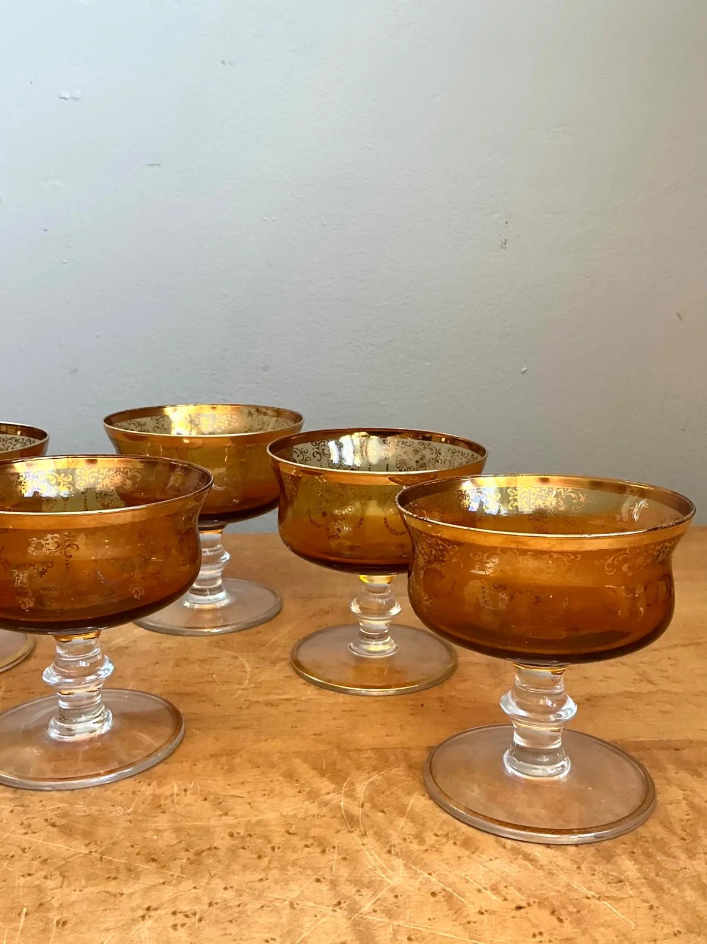 Vintage Amber Floral Glass Coupes - Set of 8 — additional photo 8