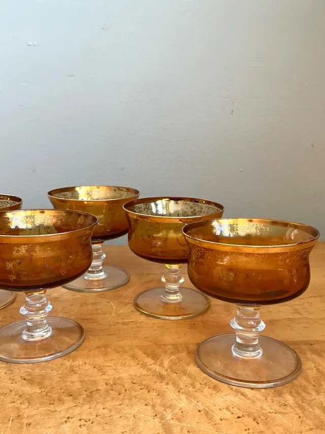 Vintage Amber Floral Glass Coupes - Set of 8 — additional photo 8