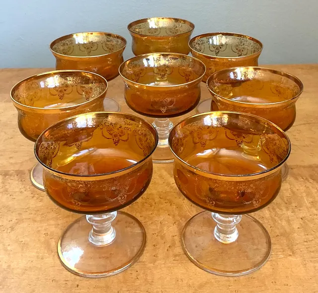 Vintage Amber Floral Glass Coupes - Set of 8 — additional photo 1
