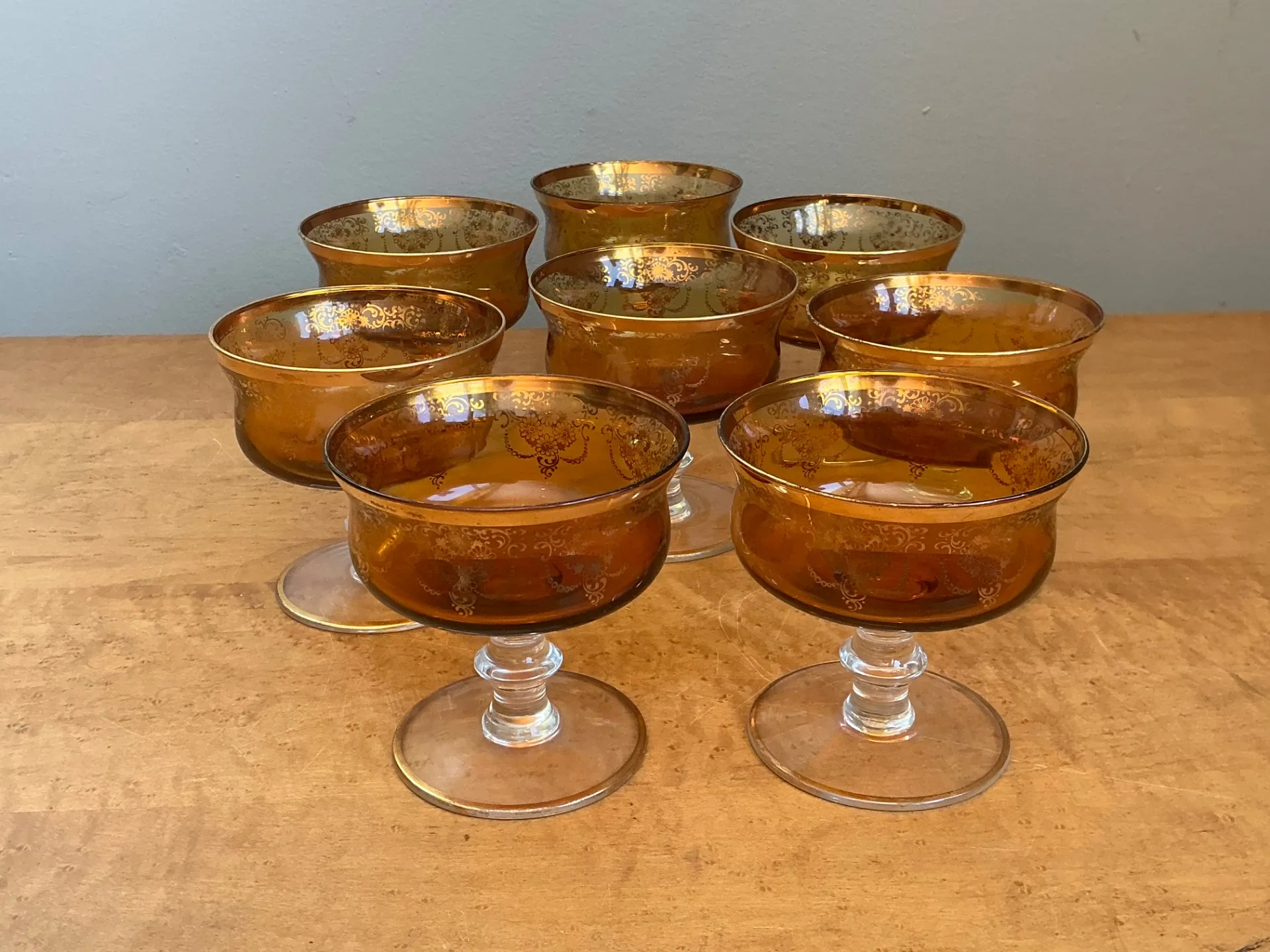 Vintage Amber Floral Glass Coupes - Set of 8 — additional photo 4