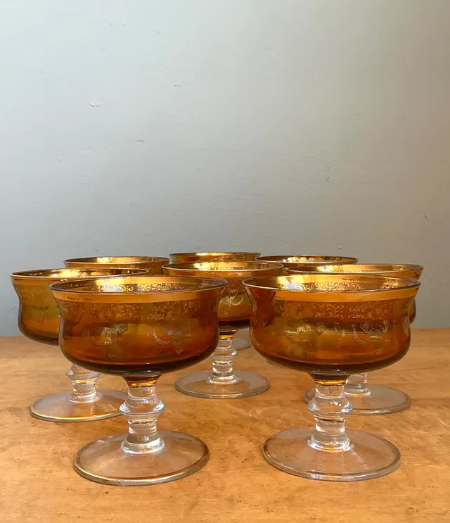 Vintage Amber Floral Glass Coupes - Set of 8 — additional photo 2