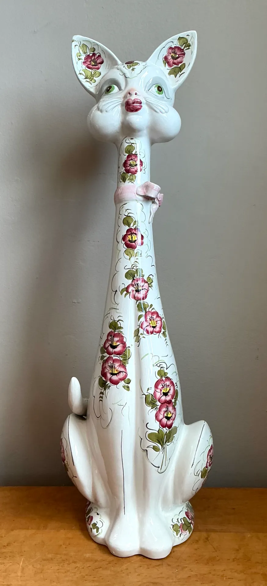 Vintage Italian Floral Hand-Painted Ceramic Cat — additional photo 2