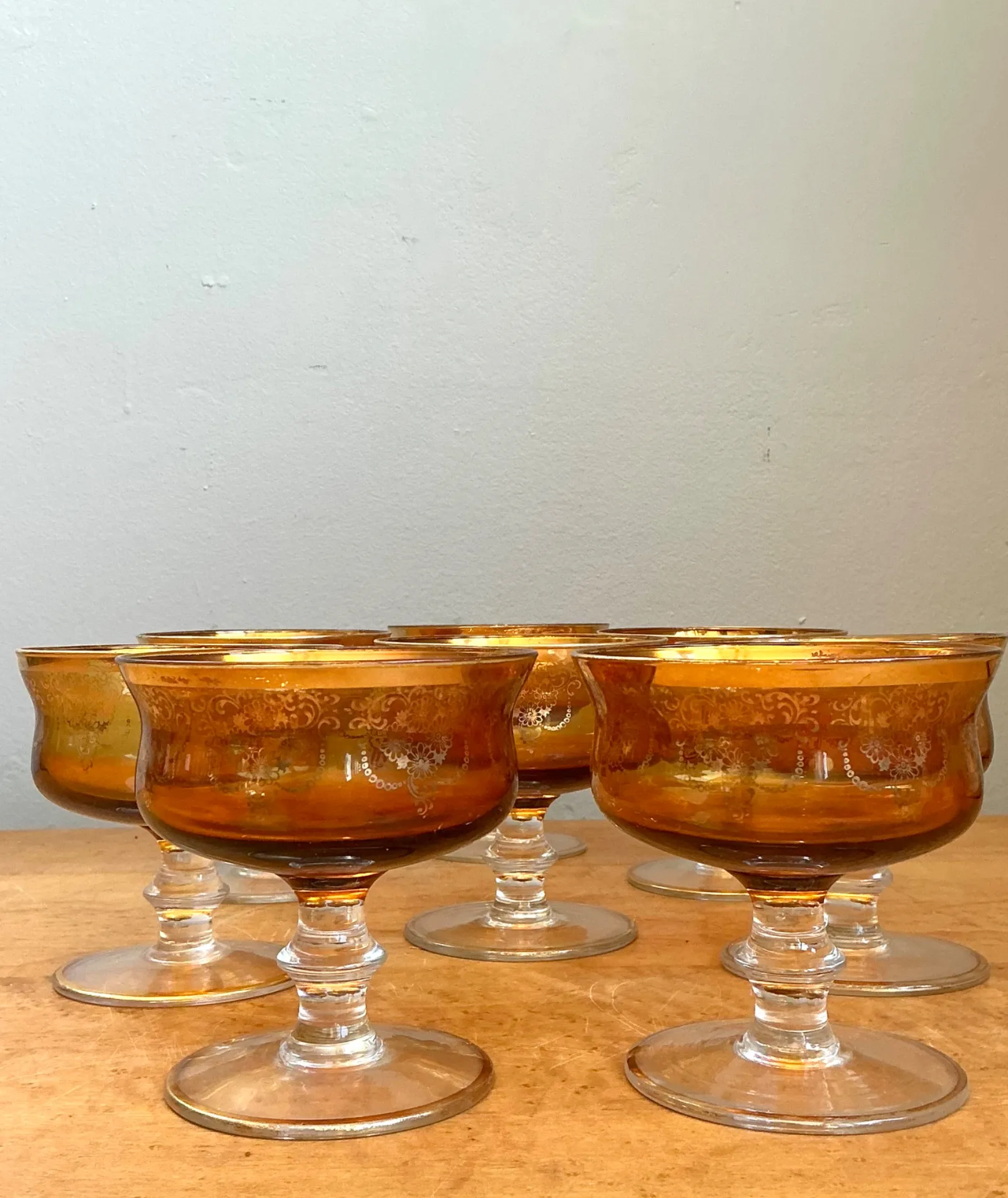 Vintage Amber Floral Glass Coupes - Set of 8 — additional photo 5