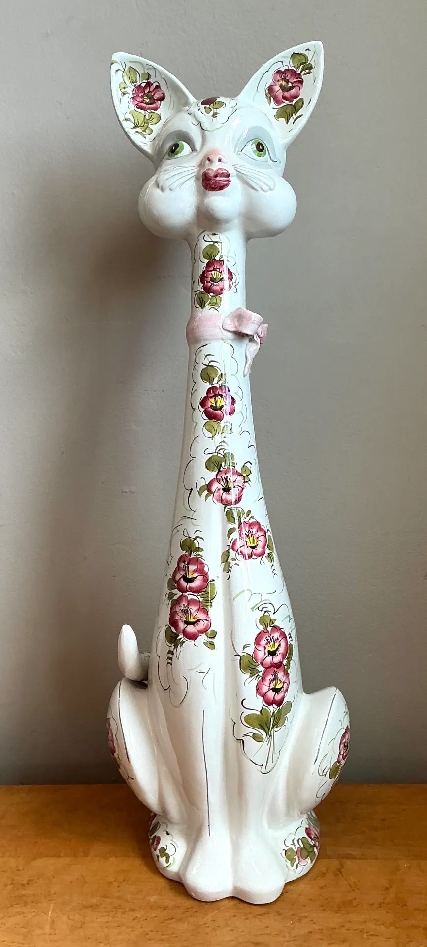 Vintage Italian Floral Hand-Painted Ceramic Cat — additional photo 4