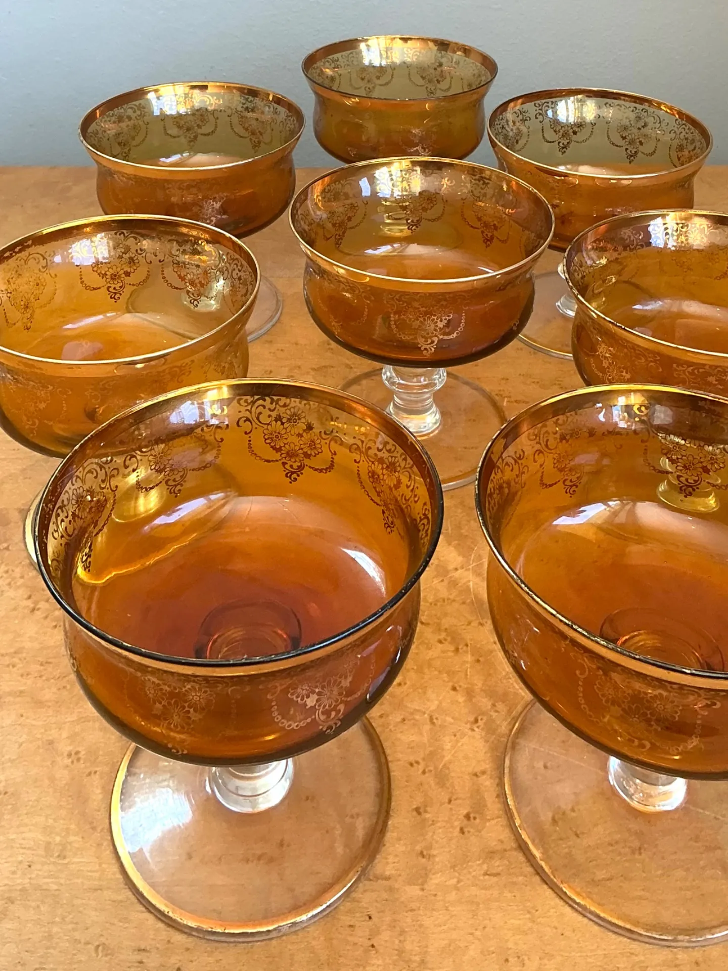 Vintage Amber Floral Glass Coupes - Set of 8 — additional photo 6