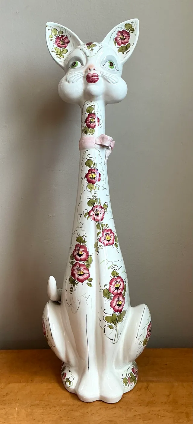 Vintage Italian Floral Hand-Painted Ceramic Cat — additional photo 8