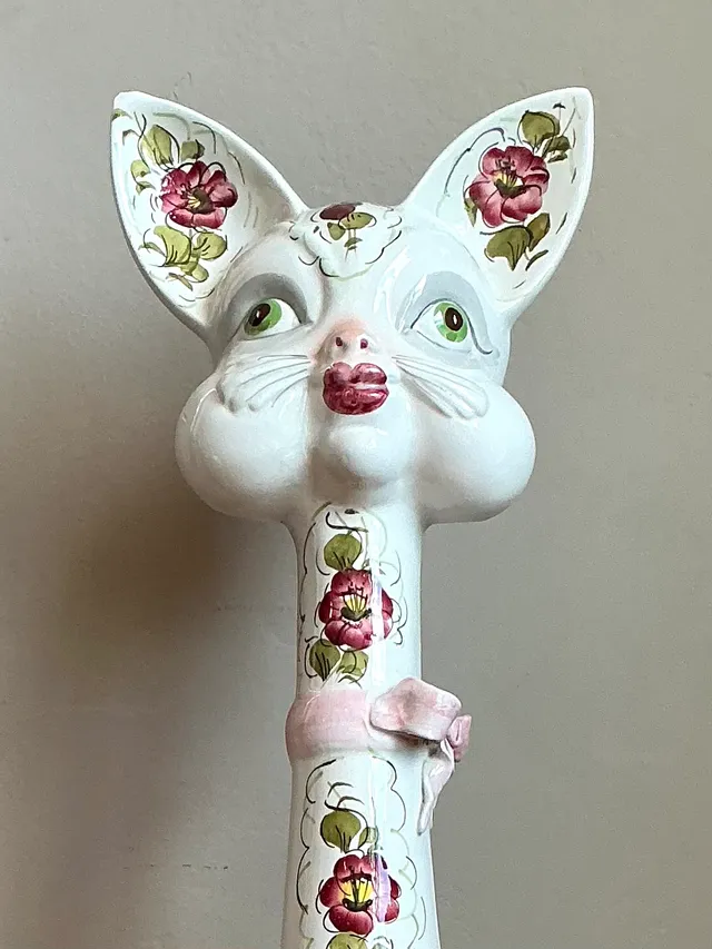 Vintage Italian Floral Hand-Painted Ceramic Cat — additional photo 1