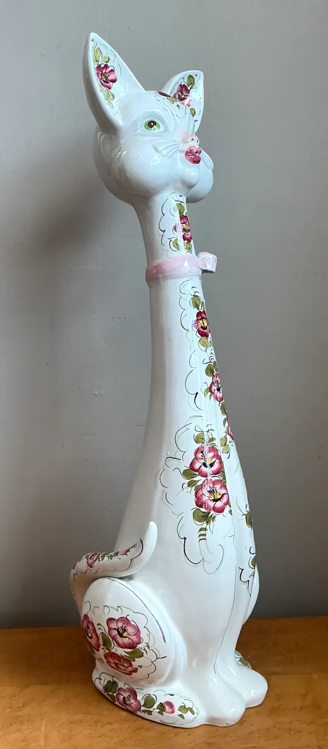 Vintage Italian Floral Hand-Painted Ceramic Cat — additional photo 3