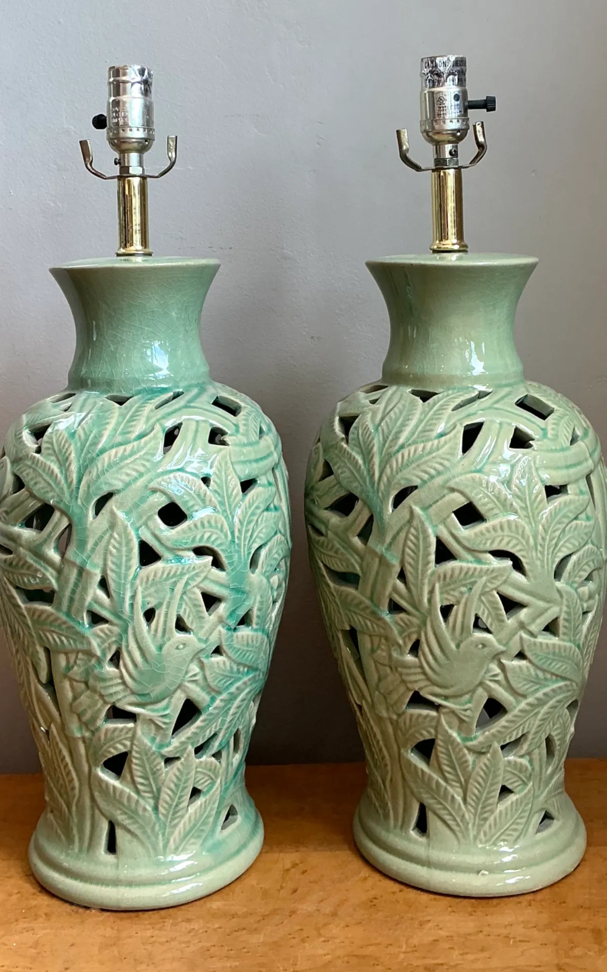 Vintage Celadon Pierced Ceramic Lamps — additional photo 5