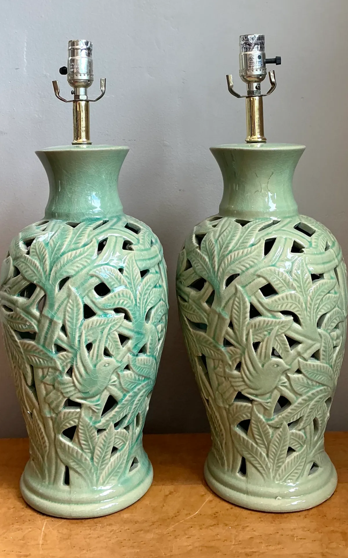 Vintage Celadon Pierced Ceramic Lamps