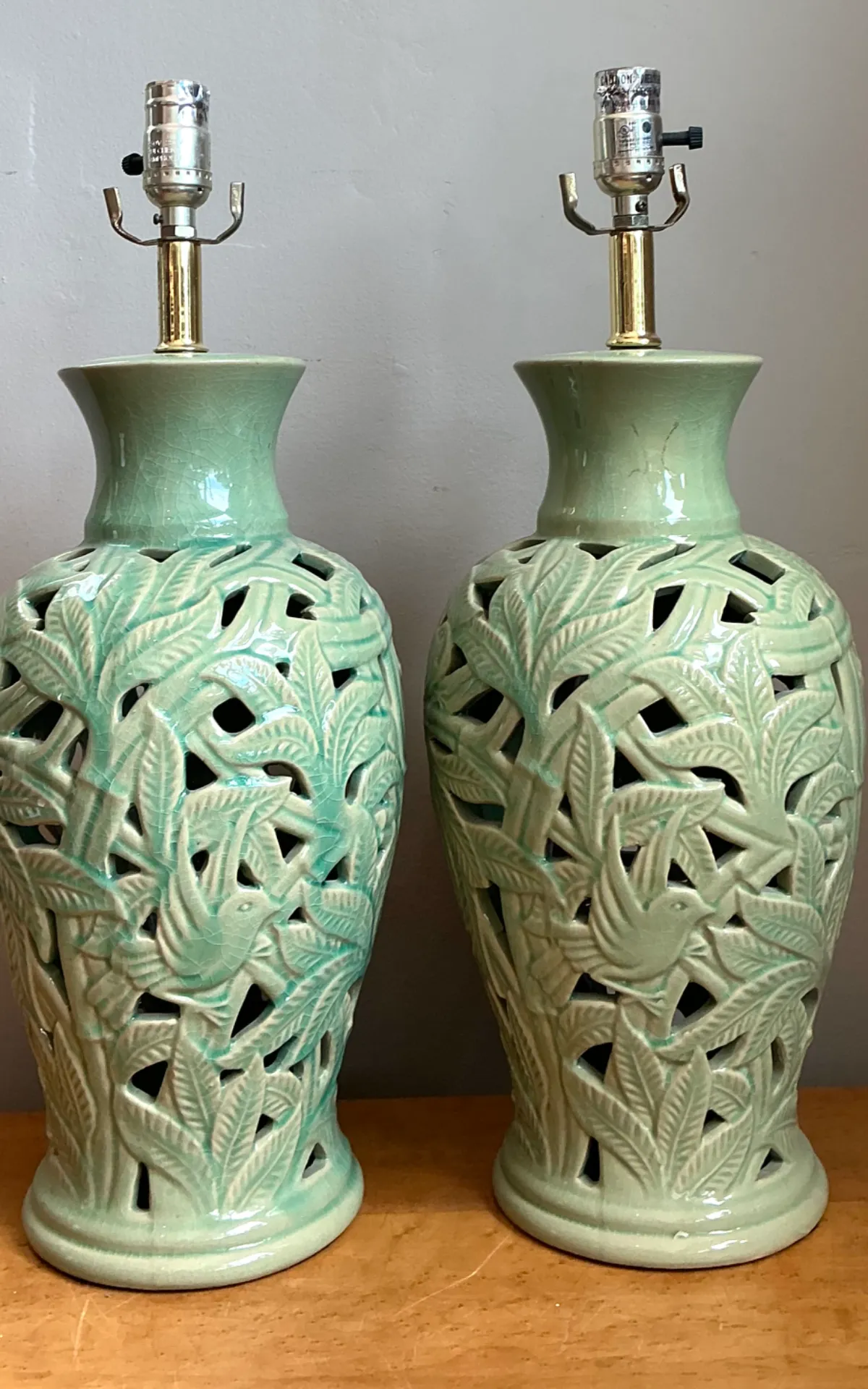 Vintage Celadon Pierced Ceramic Lamps — additional photo 7