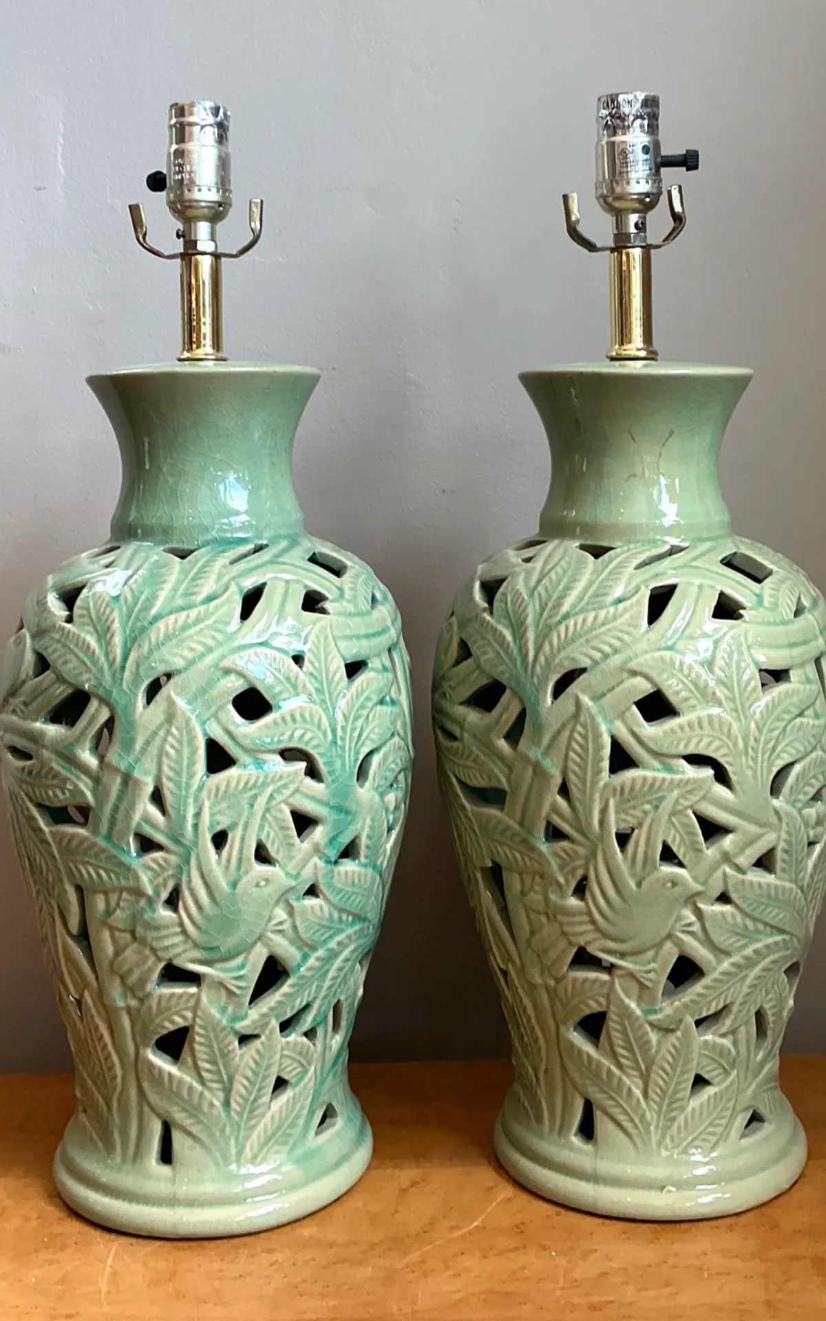 Vintage Celadon Pierced Ceramic Lamps — additional photo 3