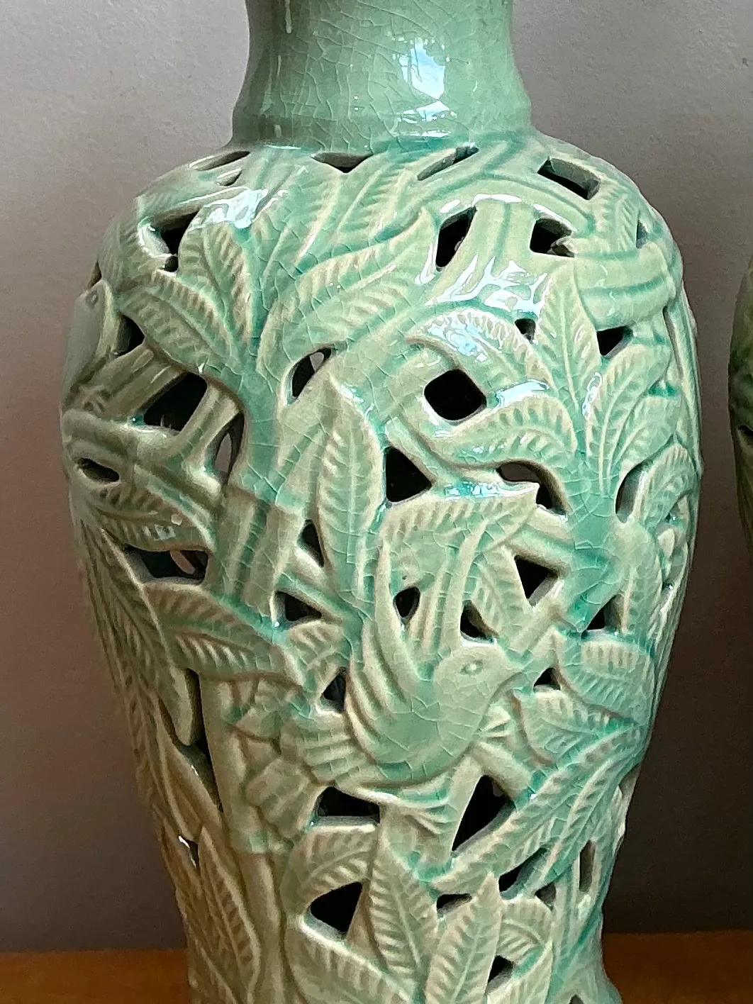 Vintage Celadon Pierced Ceramic Lamps — additional photo 4