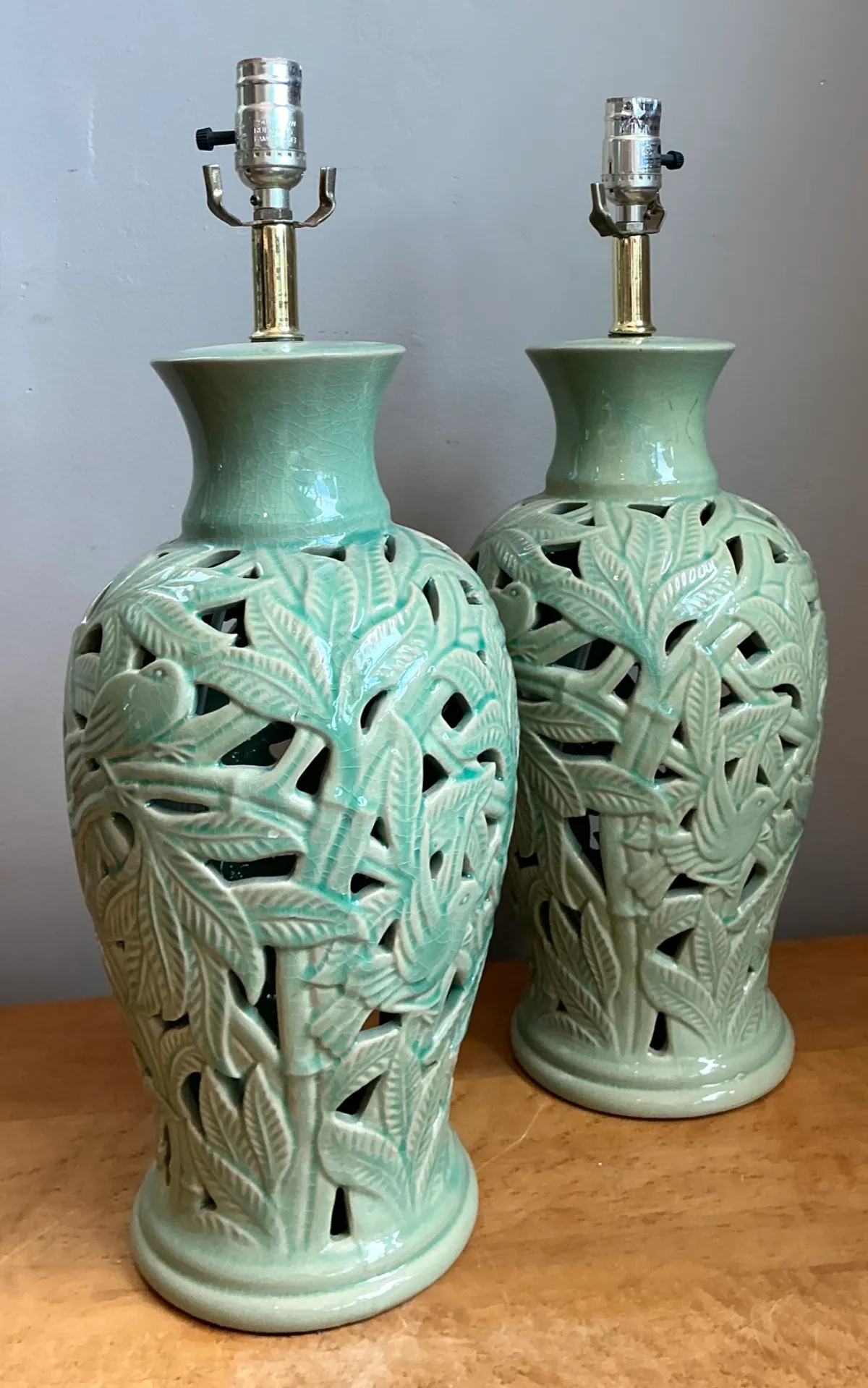 Vintage Celadon Pierced Ceramic Lamps — additional photo 6