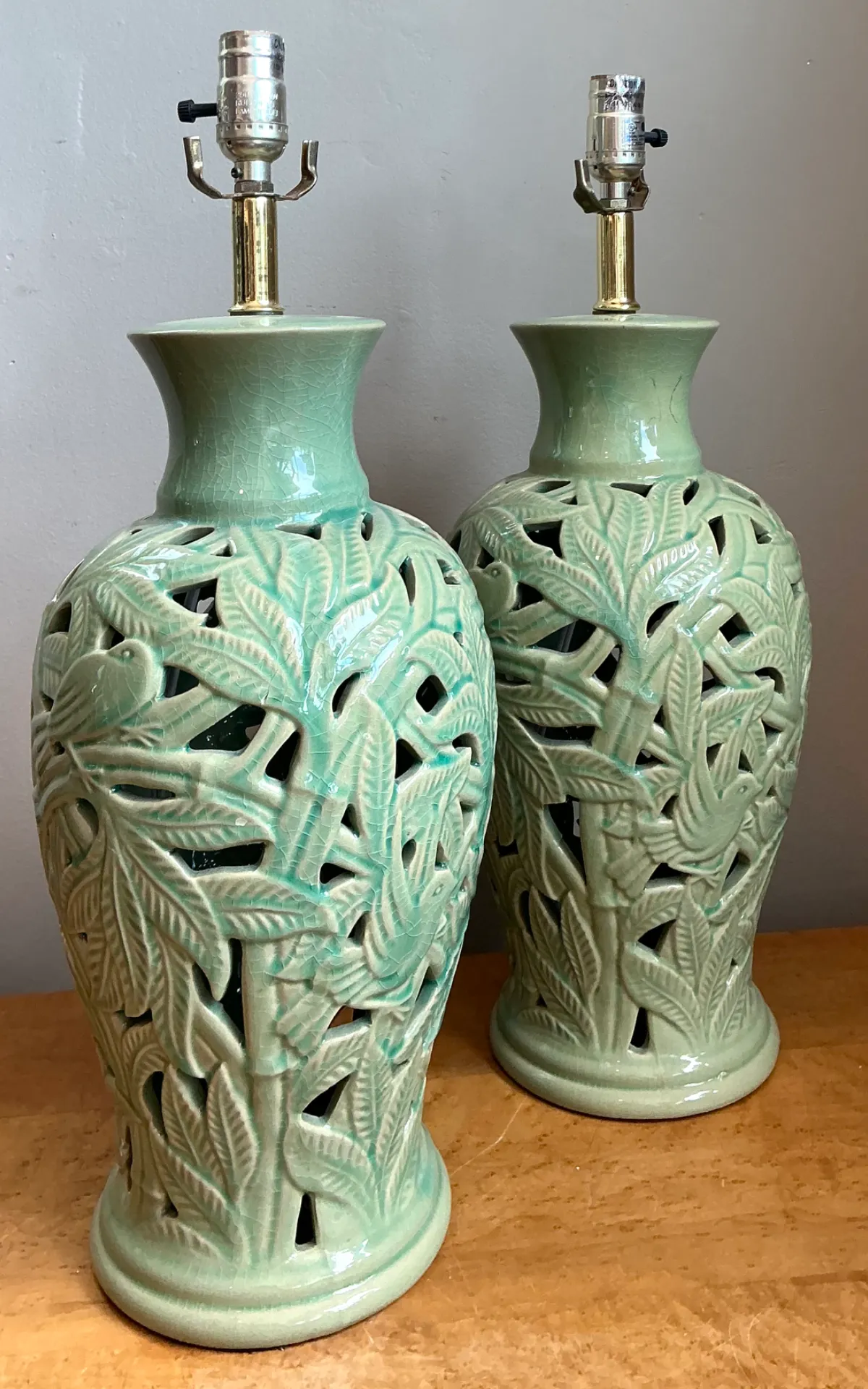 Vintage Celadon Pierced Ceramic Lamps — additional photo 2