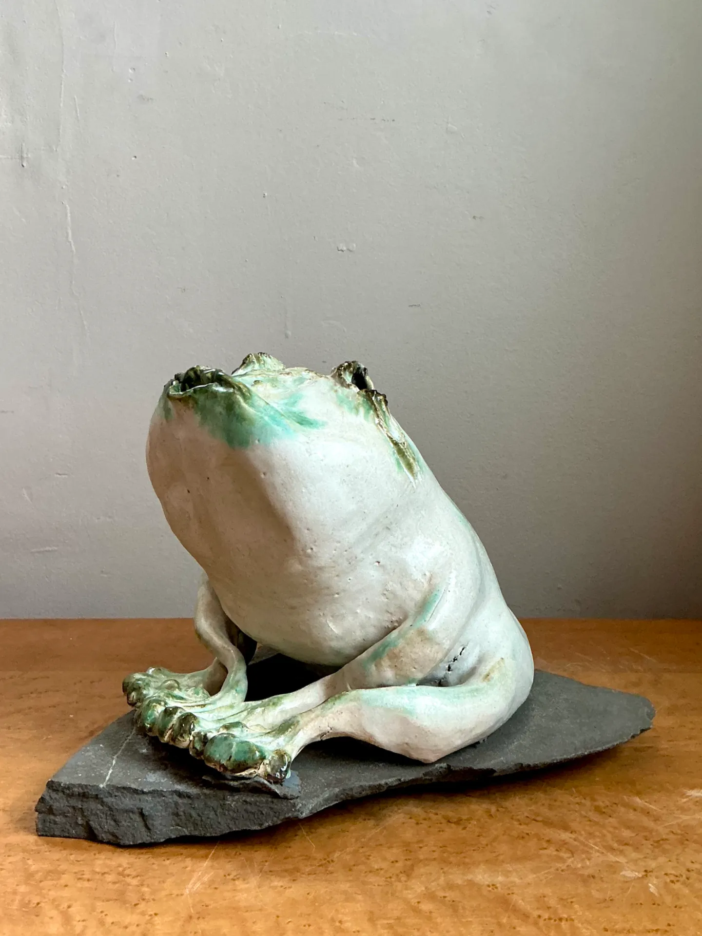 Vintage Ceramic Frog Sculpture on Stone Base — additional photo 4