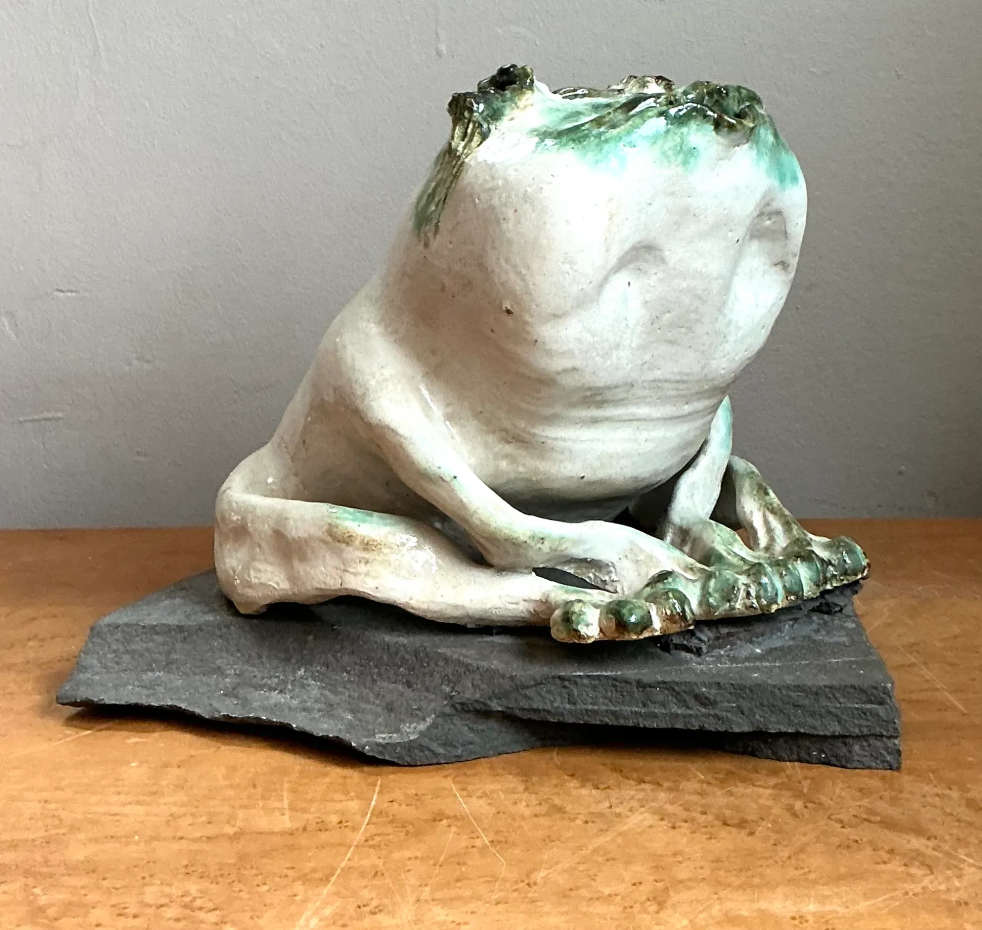 Vintage Ceramic Frog Sculpture on Stone Base — additional photo 5