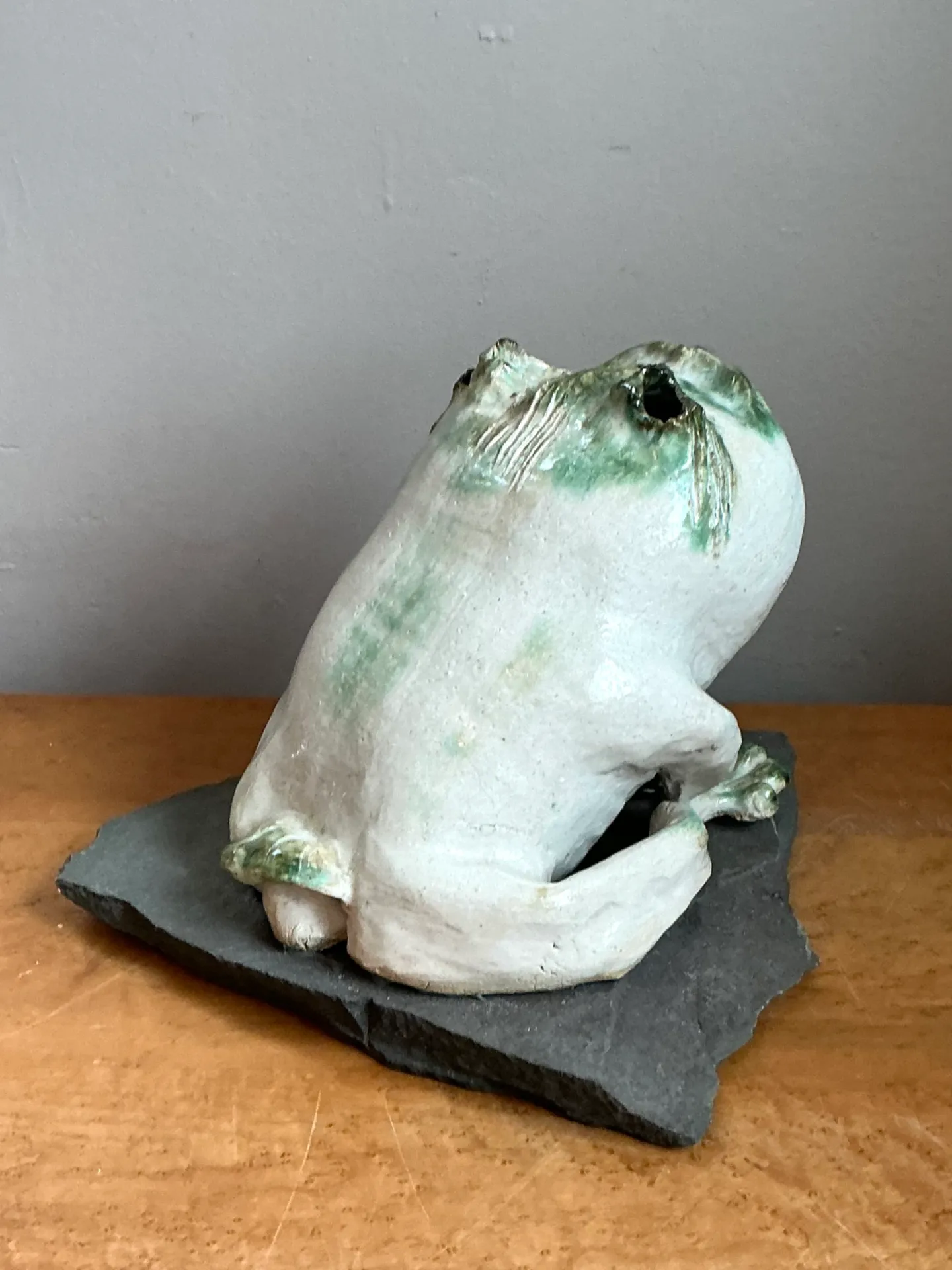 Vintage Ceramic Frog Sculpture on Stone Base — additional photo 2