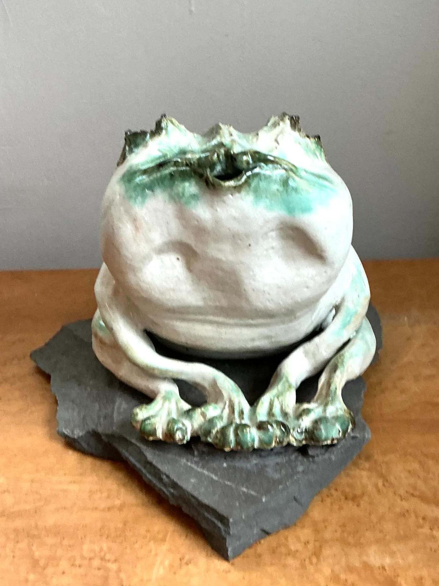 Vintage Ceramic Frog Sculpture on Stone Base — additional photo 1