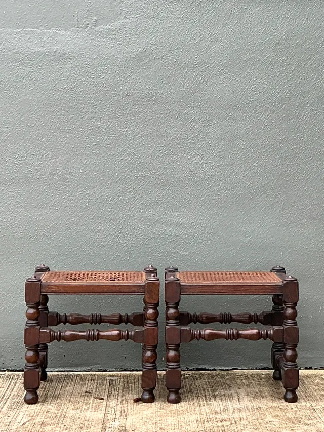Vintage Turned Wood Low Stools with Caning — additional photo 1