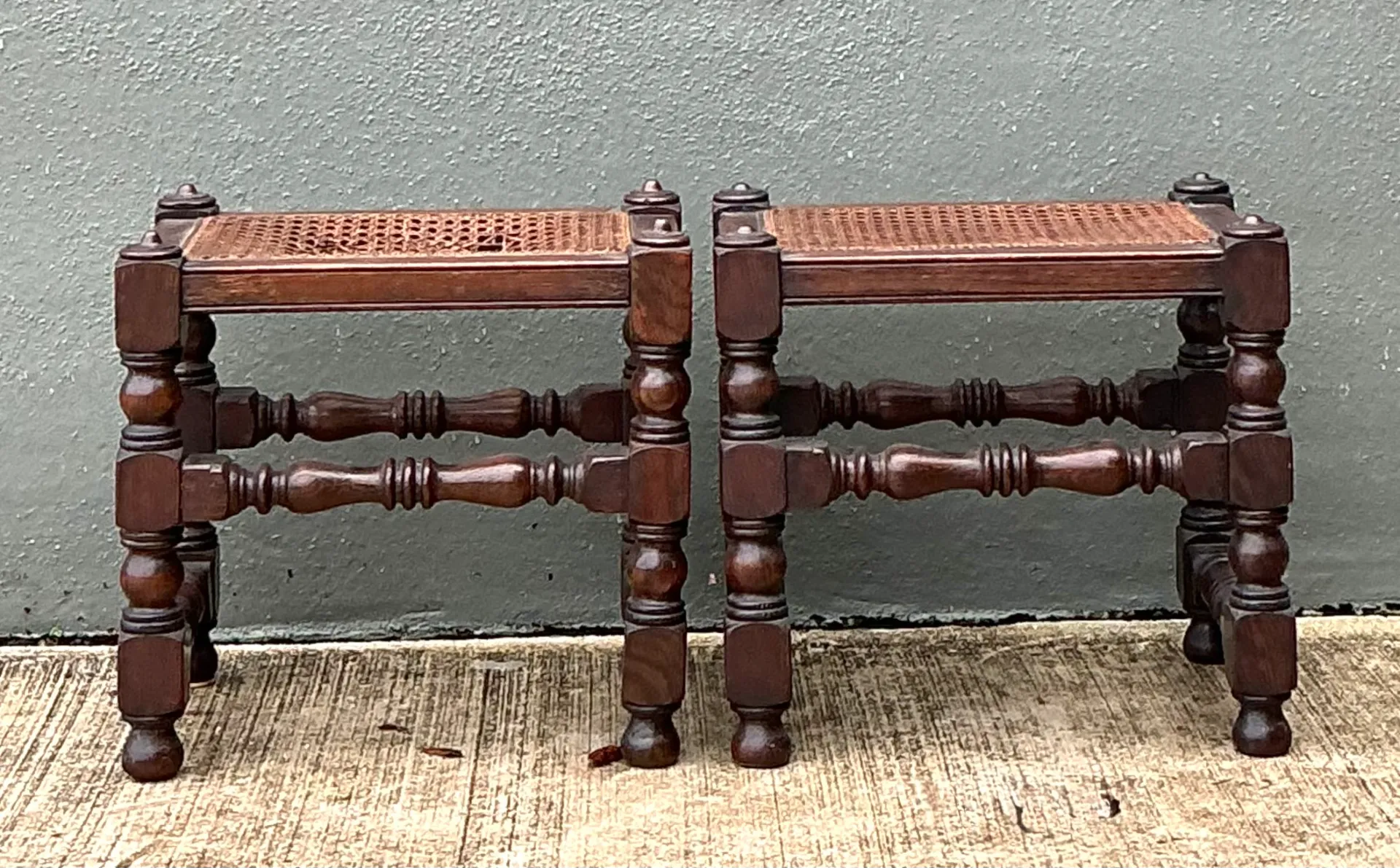 Vintage Turned Wood Low Stools with Caning — additional photo 2