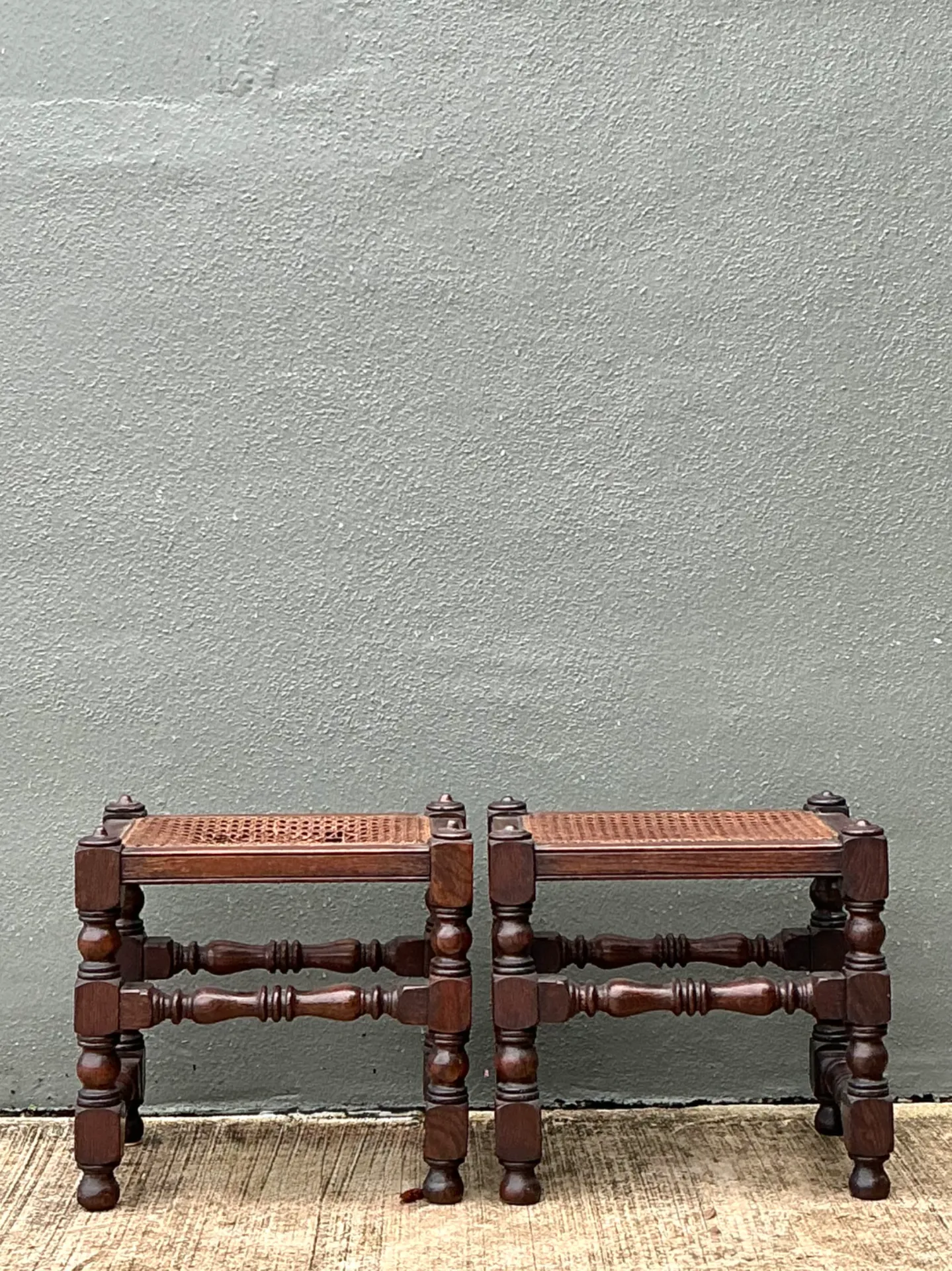 Vintage Turned Wood Low Stools with Caning — additional photo 4