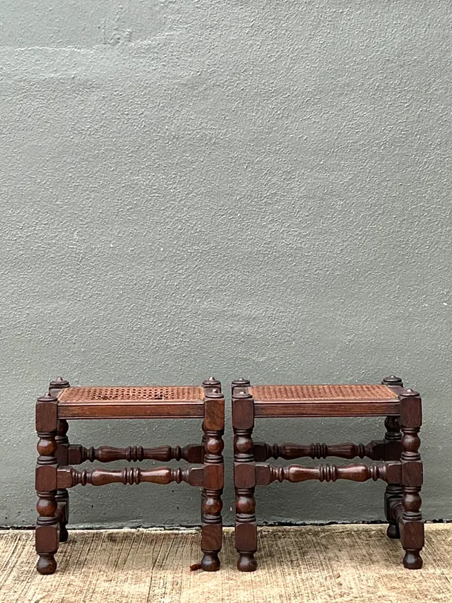 Vintage Turned Wood Low Stools with Caning — additional photo 4