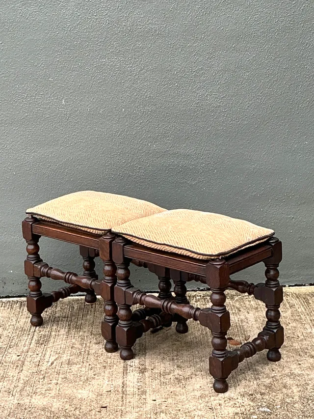 Vintage Turned Wood Low Stools with Caning — additional photo 8