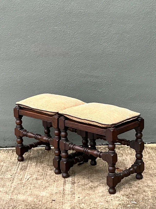 Vintage Turned Wood Low Stools with Caning — additional photo 3