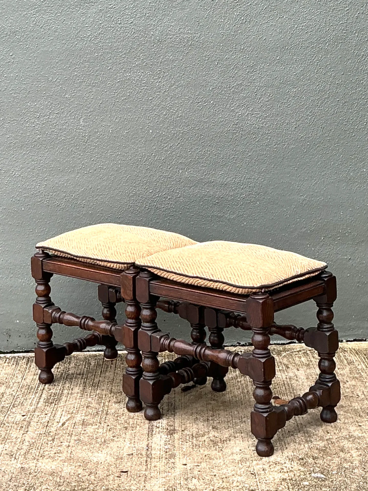 Vintage Turned Wood Low Stools with Caning — additional photo 6