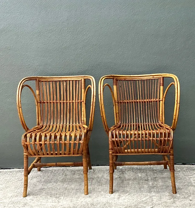 Vintage 1940s Danish Tove Kindt Larsen For Robert Wengler Stick Rattan Lounge Chairs - A Pair — additional photo 8